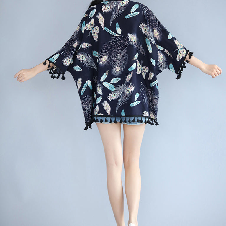 feines marineblaues T-Shirt aus natürlichem Leinen, locker sitzende, lässige Strickjacken, Boutique-Oberteile aus Leinen und Baumwolle mit Quasten und Blumenmuster