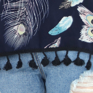 feines marineblaues T-Shirt aus natürlichem Leinen, locker sitzende, lässige Strickjacken, Boutique-Oberteile aus Leinen und Baumwolle mit Quasten und Blumenmuster