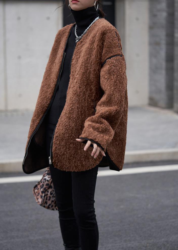 oversized Coats women chocolate o neck zippered wool coat - SooLinen