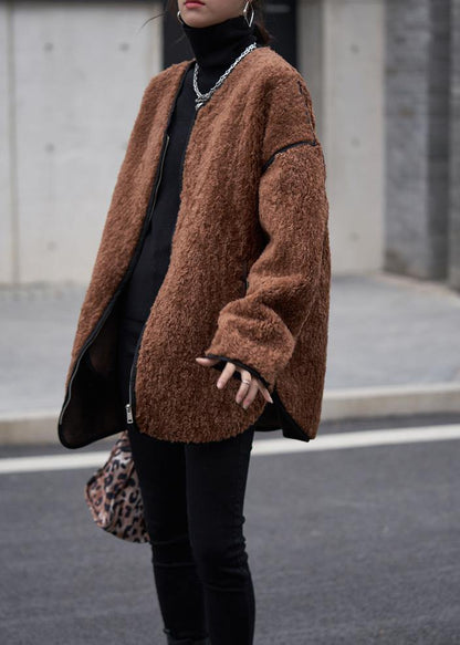 oversized Coats women chocolate o neck zippered wool coat - SooLinen