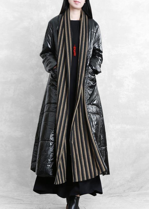 fine oversized Winter coat black patchwork striped pockets wool coat - SooLinen