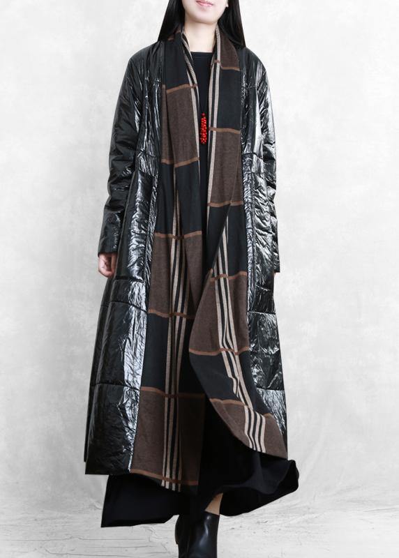 fine oversized Winter coat black patchwork striped pockets wool coat - SooLinen