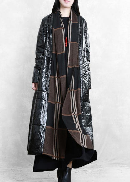 fine oversized Winter coat black patchwork striped pockets wool coat - SooLinen