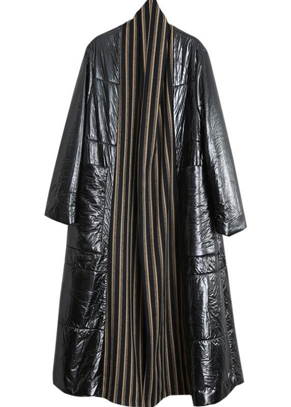 fine oversized Winter coat black patchwork striped pockets wool coat - SooLinen