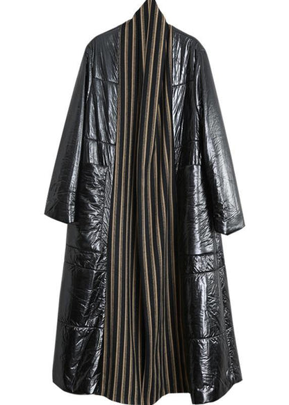 fine oversized Winter coat black patchwork striped pockets wool coat - SooLinen