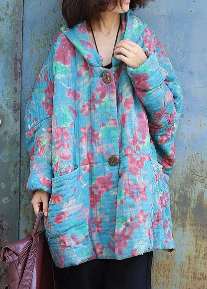 fine oversized down jacket hooded winter outwear blue prints winter casual outfit - SooLinen