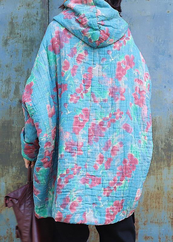 fine oversized down jacket hooded winter outwear blue prints winter casual outfit - SooLinen