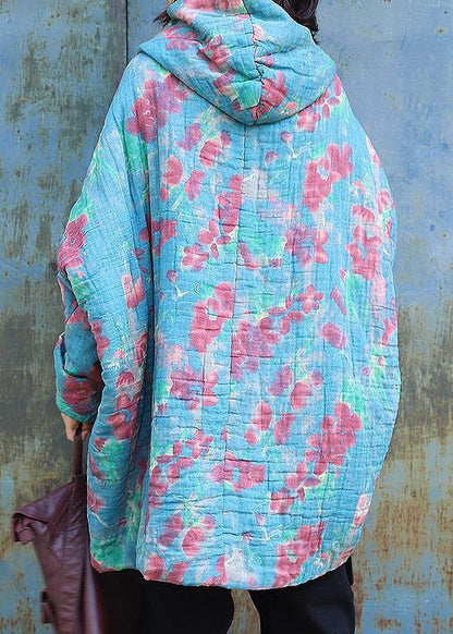 fine oversized down jacket hooded winter outwear blue prints winter casual outfit - SooLinen