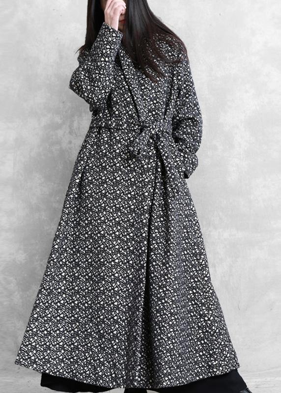 fine oversized long jackets outwear black plaid v neck tie waist wool coat - SooLinen