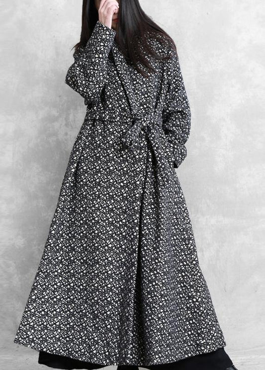 fine oversized long jackets outwear black plaid v neck tie waist wool coat - SooLinen