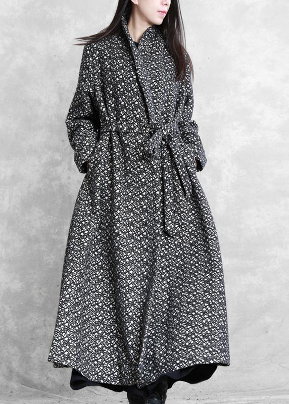 fine oversized long jackets outwear black plaid v neck tie waist wool coat - SooLinen