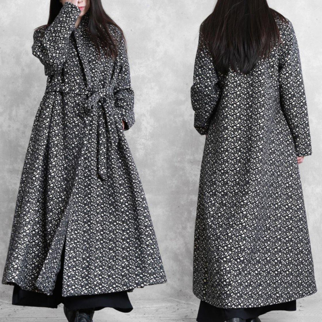 fine oversized long jackets outwear black plaid v neck tie waist wool coat - SooLinen