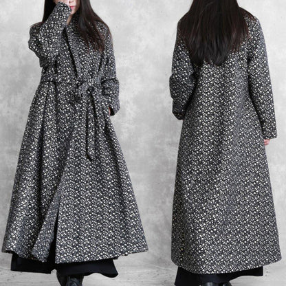 fine oversized long jackets outwear black plaid v neck tie waist wool coat - SooLinen