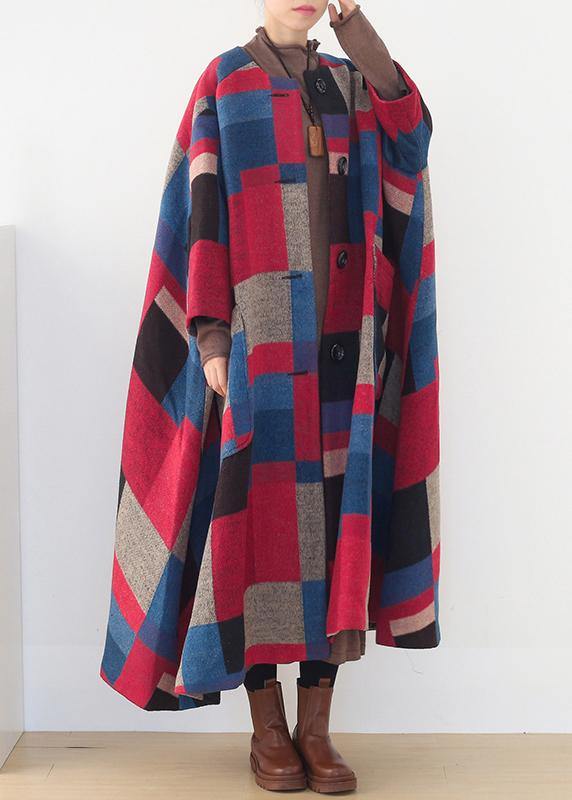 oversized maxi coat winter cashmere Coatred plaid fashion woolen outwear - SooLinen