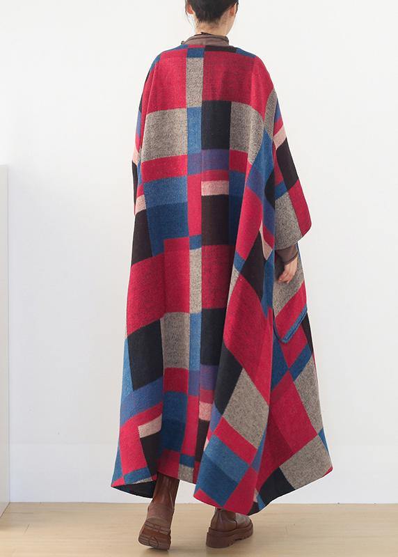 oversized maxi coat winter cashmere Coatred plaid fashion woolen outwear - SooLinen