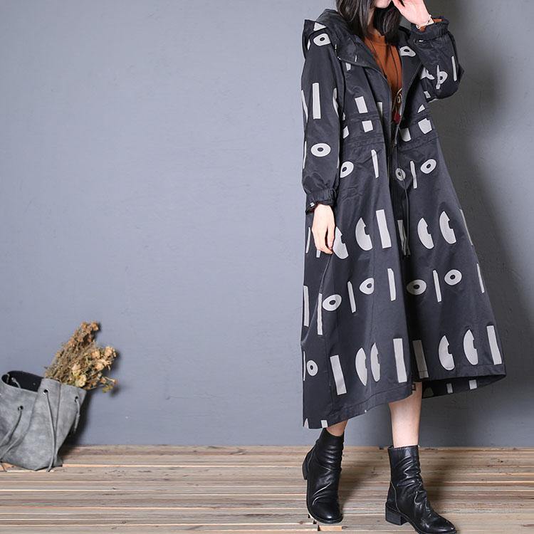fine oversized trench coat fall black prints hooded drawstring coat - SooLinen