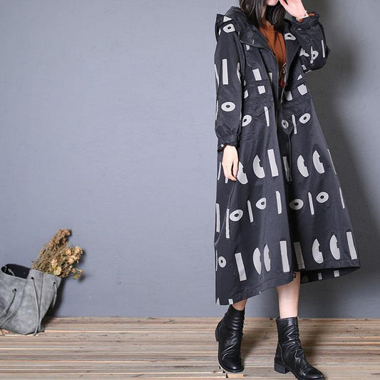 fine oversized trench coat fall black prints hooded drawstring coat - SooLinen
