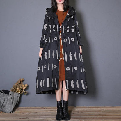 fine oversized trench coat fall black prints hooded drawstring coat - SooLinen