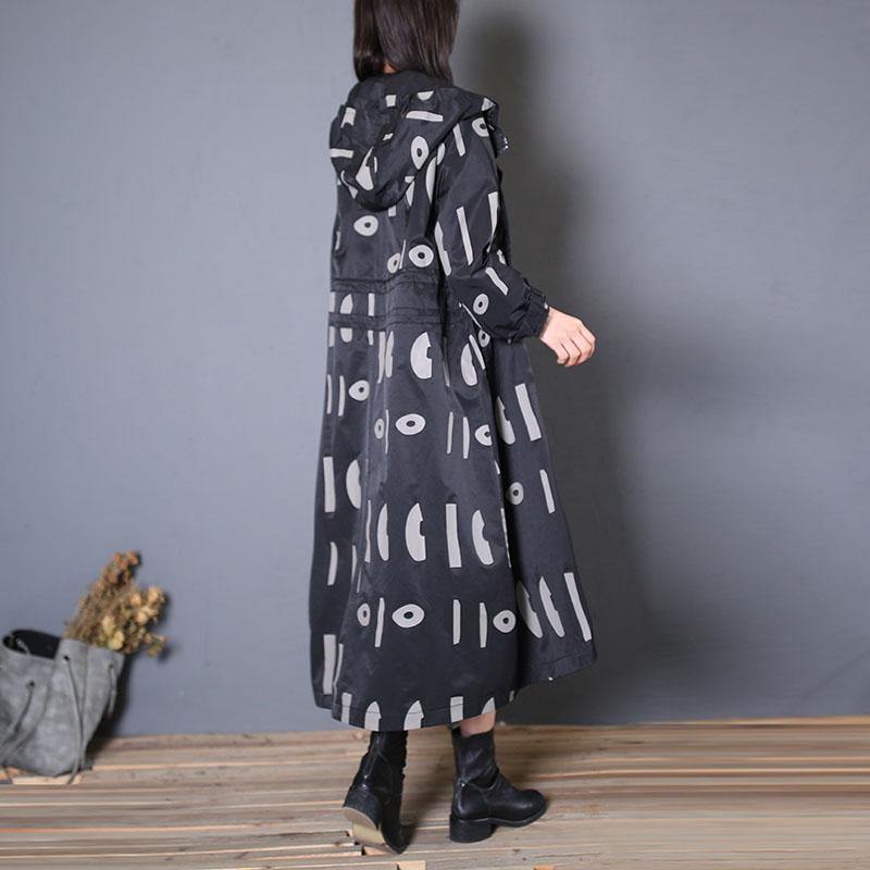 fine oversized trench coat fall black prints hooded drawstring coat - SooLinen