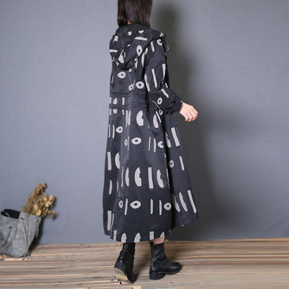 fine oversized trench coat fall black prints hooded drawstring coat - SooLinen