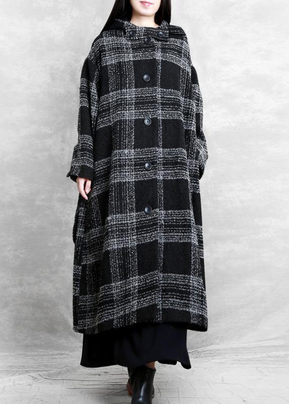 fine plus size clothing Winter coat outwear black plaid hooded patchwork Woolen Coats - SooLinen