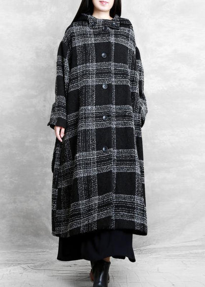 fine plus size clothing Winter coat outwear black plaid hooded patchwork Woolen Coats - SooLinen