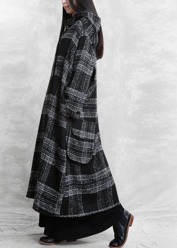fine plus size clothing Winter coat outwear black plaid hooded patchwork Woolen Coats - SooLinen