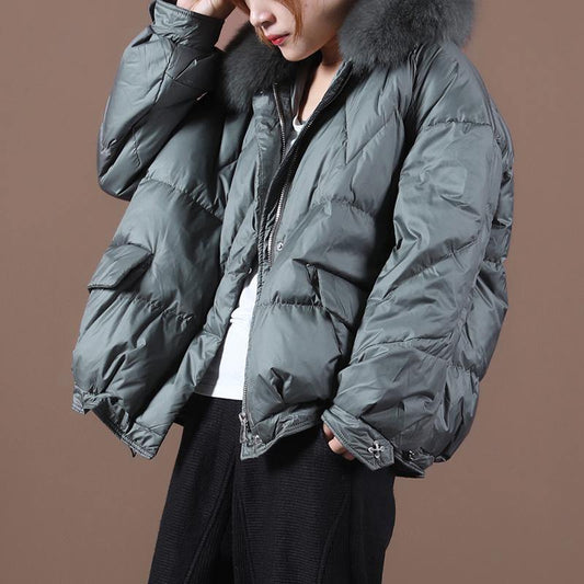 plus size down coats blackish green fur collar zippered hooded down jacket woman - SooLinen