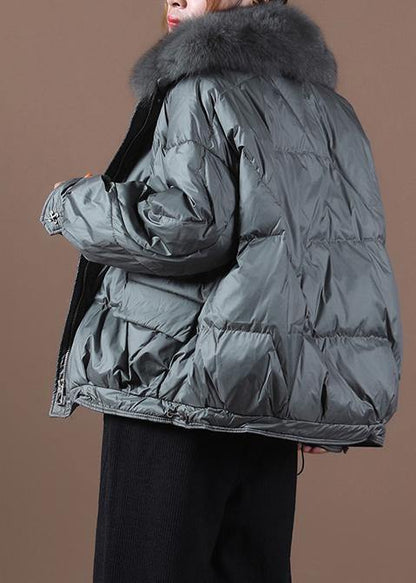 plus size down coats blackish green fur collar zippered hooded down jacket woman - SooLinen