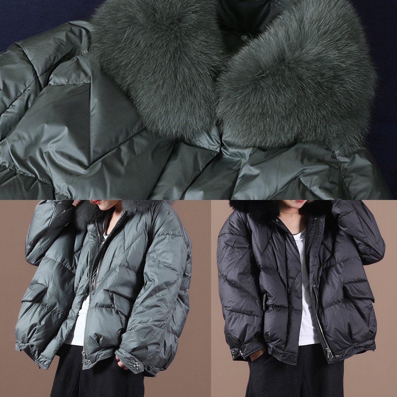 plus size down coats blackish green fur collar zippered hooded down jacket woman - SooLinen
