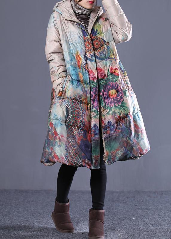 fine plus size down jacket coats khaki print hooded zippered duck down coat - SooLinen