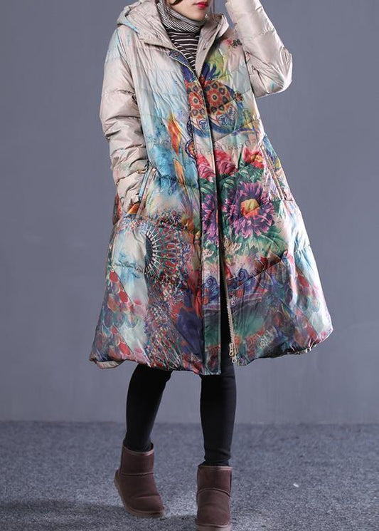 fine plus size down jacket coats khaki print hooded zippered duck down coat - SooLinen