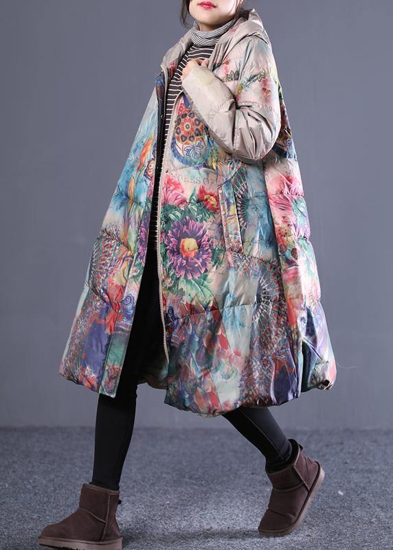 fine plus size down jacket coats khaki print hooded zippered duck down coat - SooLinen
