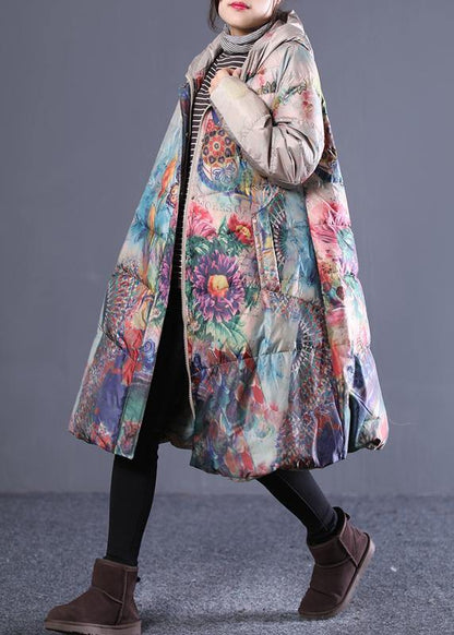 fine plus size down jacket coats khaki print hooded zippered duck down coat - SooLinen