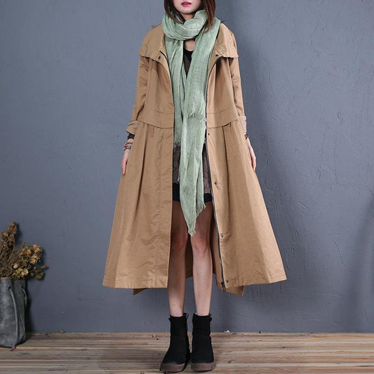 fine plus size long coats fall outwear khaki side open Coats - SooLinen