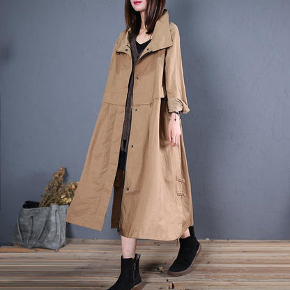 fine plus size long coats fall outwear khaki side open Coats - SooLinen