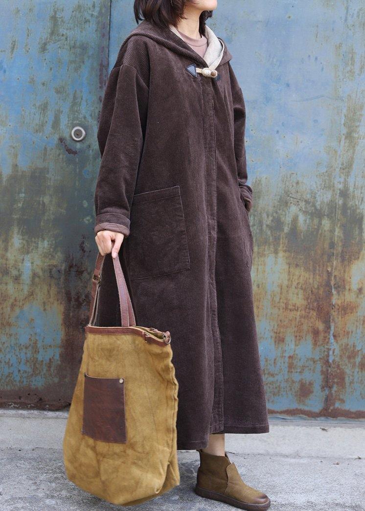 fine plus size warm winter coat zippered outwear chocolate hooded coat - SooLinen