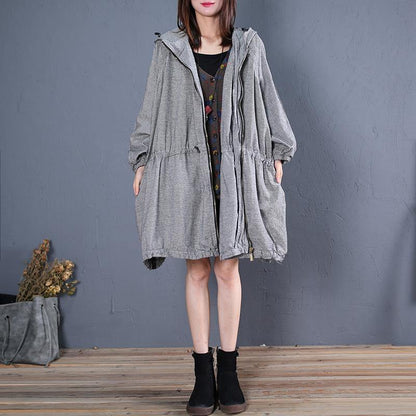 fine plus size winter coat fall outwear gray plaid hooded coats - SooLinen