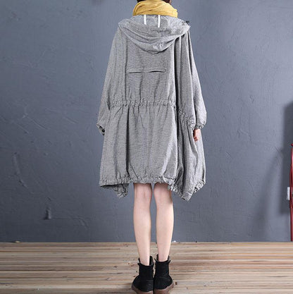 fine plus size winter coat fall outwear gray plaid hooded coats - SooLinen