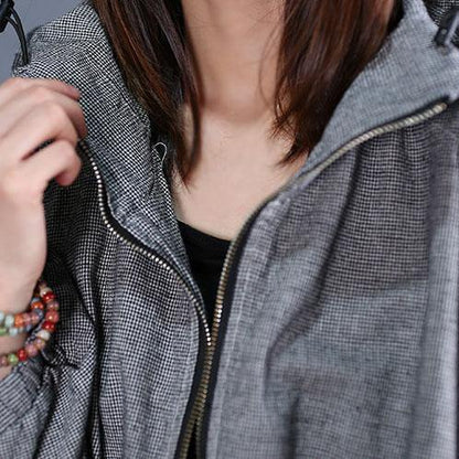 fine plus size winter coat fall outwear gray plaid hooded coats - SooLinen