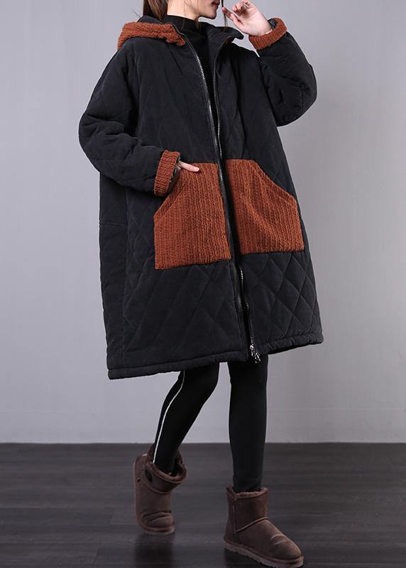 fine plus size winter coats black hooded zippered winter parkas - SooLinen