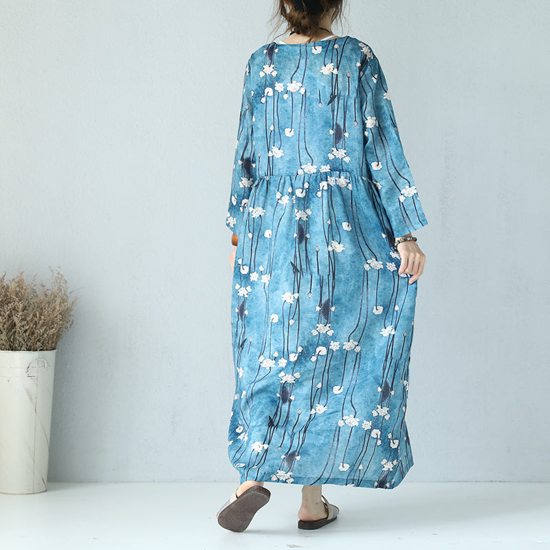 Leinenkleid mit feinem Print Locker sitzendes Maxikleid aus Leinen mit O-Ausschnitt Boutique-Maxikleider mit langen Ärmeln