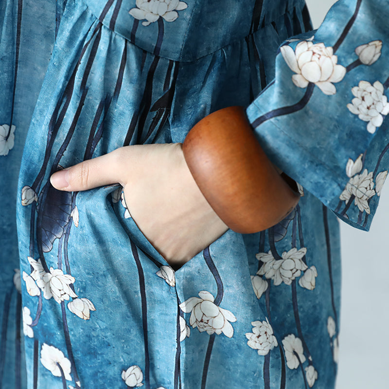 Leinenkleid mit feinem Print Locker sitzendes Maxikleid aus Leinen mit O-Ausschnitt Boutique-Maxikleider mit langen Ärmeln