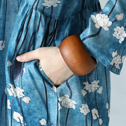 Leinenkleid mit feinem Print Locker sitzendes Maxikleid aus Leinen mit O-Ausschnitt Boutique-Maxikleider mit langen Ärmeln