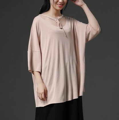 Feine reine Baumwollmischung Tops Plus Size Hellrosa Casual Sommer Damen Pullover Shirt
