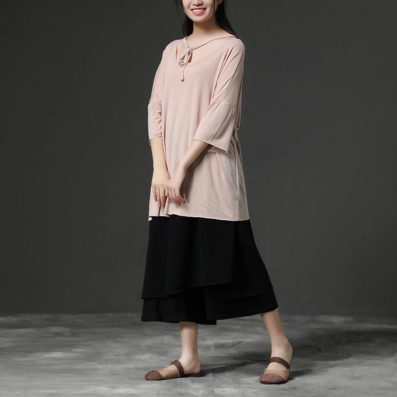 Feine reine Baumwollmischung Tops Plus Size Hellrosa Casual Sommer Damen Pullover Shirt