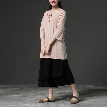 Feine reine Baumwollmischung Tops Plus Size Hellrosa Casual Sommer Damen Pullover Shirt