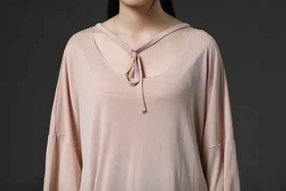 Feine reine Baumwollmischung Tops Plus Size Hellrosa Casual Sommer Damen Pullover Shirt