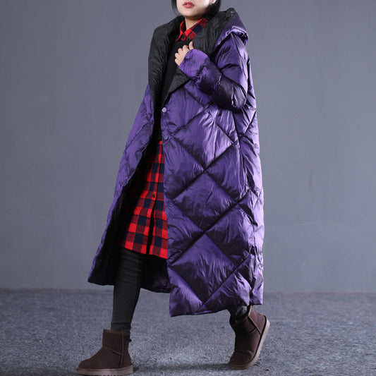 feiner lila Winter-Oversize-Parka mit Kapuze, Luxustaschen, Reißverschluss, Baumwollmantel