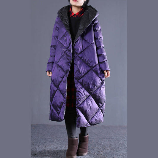 feiner lila Winter-Oversize-Parka mit Kapuze, Luxustaschen, Reißverschluss, Baumwollmantel
